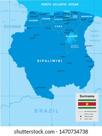 vector map of Suriname with borders of regions and flag in blue tones with ocean