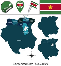 Vector map of Suriname with named districts and travel icons