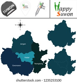 Vector map of Suwon, South Korea with named districts and travel icons