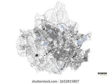 Mapa vetorial de Suwon, Coreia do Sul, detalhando rodovias, vias navegáveis (rios, lagos) e áreas densas de construção em monocromático. Destaca as infraestruturas urbanas e a utilização dos solos.