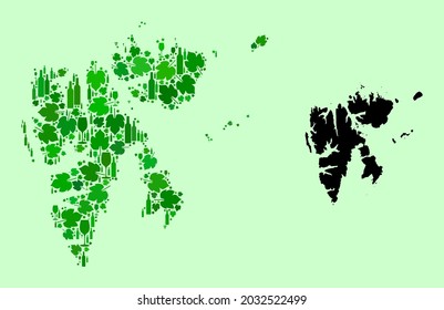Vektorkarte der Svalbard-Inseln. Collage von grünen Weintrauben, Weinflaschen. Karte der Svalbard-Inseln Collage mit Flaschen, Weintrauben, grünen Blättern. Abstraktes Mosaik ist für politische Projekte konzipiert.
