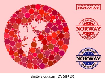 Vector map of Svalbard Islands mosaic of round dots and red rubber stamp. Stencil circle map of Svalbard Islands collage composed with circles in various sizes, and red color tinges.