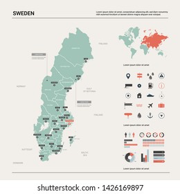 Vector map of Sweden. Country map with division, cities and capital Stockholm. Political map,  world map, infographic elements.