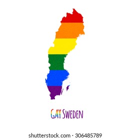 Vector map of Sweden in LGBT (lesbian, gay, bisexual, and transgender) flag colors and GAY Sweden caption on white background. Rainbow flag with denim textile texture.