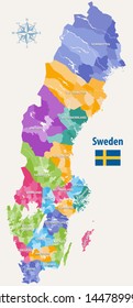 vector  map of Sweden municipalities colored by counties