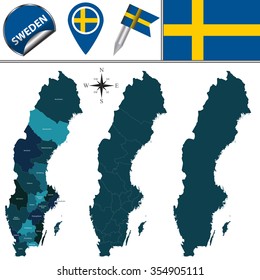 Vector map of Sweden with named province and travel icons.