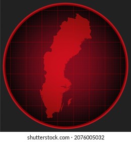 Vector map Sweden on the radar screen. Template Europe country for pattern, report, background. Concept outline of the state Sweden for news, infographic. Contour map for your design, illustration