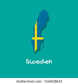 Vector map of Sweden painted in the colors of the flag. The country's borders with shadow. Isolated vector illustration.
