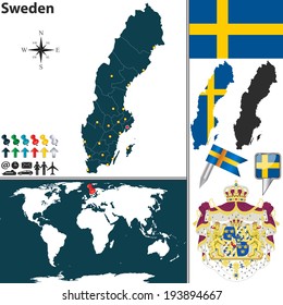 Vector map of Sweden with regions, coat of arms and location on world map