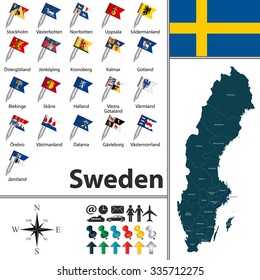 Vector map of Sweden with regions with flags