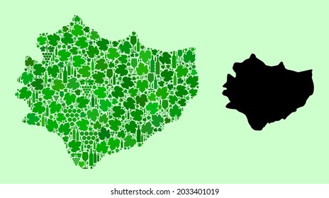 Vector Map of Swietokrzyskie Province. Collage of green grape leaves, wine bottles. Map of Swietokrzyskie Province collage formed from bottles, grapes, green leaves.