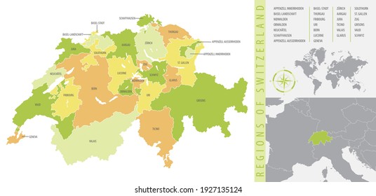 Mapa vectorial de Suiza con divisiones administrativas y país de ubicación en el mapa de Europa, ilustración detallada, color