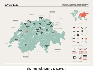 Vector map of Switzerland. Country map with division, cities and capital Bern. Political map,  world map, infographic elements.