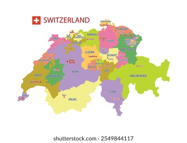 Mapa de Vector de Suiza con las divisiones administrativas y los límites detallados, los nombres de las ciudades y regiones y los países limítrofes internacionales en una paleta de colores brillantes