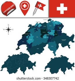 Vector map of Switzerland with named cantons and travel icons