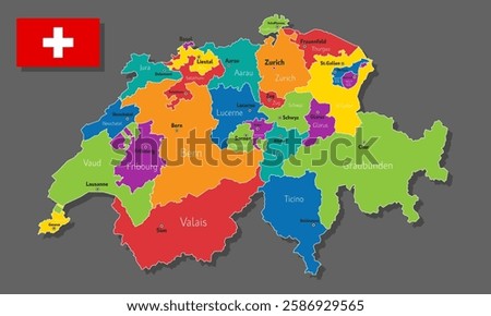 Vector map of Switzerland with names of cities and with borders city