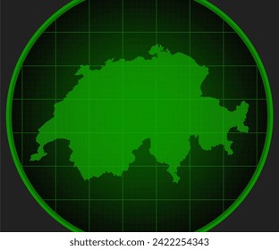 Vector map Switzerland on radar screen with a green grid. Template Europe country on monitor radar for pattern, report, background. Technology concept boundary Switzerland for news, infographic, army