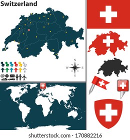 Vector map of Switzerland with regions, coat of arms and location on world map