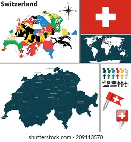 Vector map of Switzerland with regions with flags and location on world map.