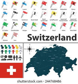 Vector map of Switzerland with regions with flags and location on world map.