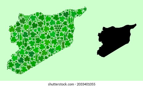 Vector Map of Syria. Collage of green grape leaves, wine bottles. Map of Syria collage created from bottles, berries, green leaves. Abstract collage useful for political doctrines.