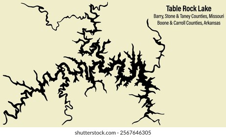 A vector map of Table Rock Lake in Missouri and Arkansas. Background, text and map are on their own layers allowing full transparency and editing.