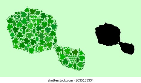Vector Map of Tahiti Island. Collage of green grape leaves, wine bottles. Map of Tahiti Island mosaic created with bottles, grapes, green leaves. Abstract mosaic is designed for political purposes.