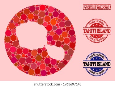 Vector map of Tahiti Island mosaic of round items and red grunge stamp. Stencil circle map of Tahiti Island collage composed with circles in various sizes, and red shades.