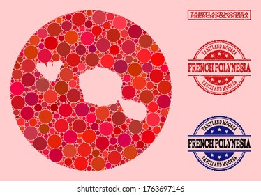 Vector map of Tahiti and Moorea islands mosaic of round items and red grunge stamp. Hole round map of Tahiti and Moorea islands collage formed with circles in different sizes, and red color tones.