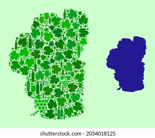 Vector Map of Tahoe Lake. Collage of green grape leaves, wine bottles. Map of Tahoe Lake collage designed with bottles, grapes, green leaves. Abstract collage is useful for wine production promotion.