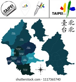 Vector map of Taipei, Taiwan with named districts and travel icons. There are Chinese characters in a set - it means Taipei