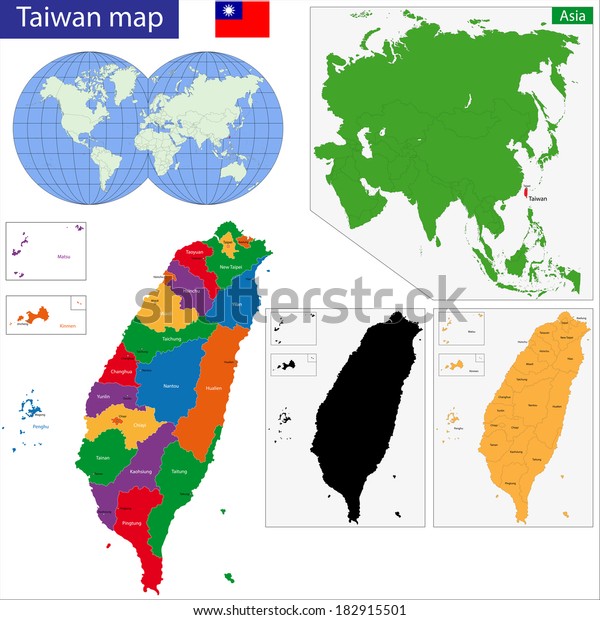 Vector map of Taiwan drawn with high detail and\
accuracy. Taiwan is divided into regions which are colored with\
different bright\
colors.