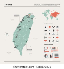 Vector map of Taiwan. High detailed country map with division, cities and capital Taipei. Political map,  world map, infographic elements.