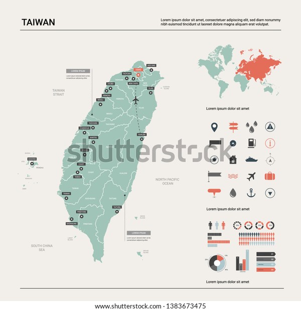 台湾のベクター画像地図 県庁 市 首都台北を含む詳細な国の地図 政治地図 世界地図 インフォグラフィックエレメント のベクター画像素材 ロイヤリティ フリー