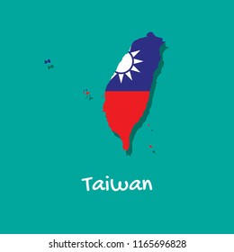 Vector map of Taiwan painted in the colors of the flag. The country's borders with shadow. Isolated vector illustration.