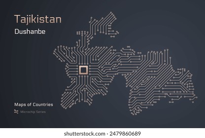 A vector map of Tajikistan created from a microchip pattern, with the capital Dushanbe depicted as a microchip