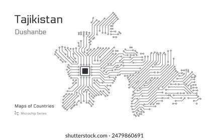 A vector map of Tajikistan created from a microchip pattern, with the capital Dushanbe depicted as a microchip