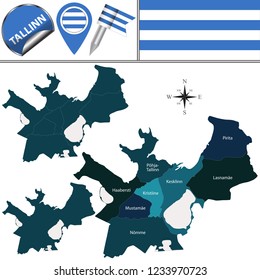 Vector map of Tallinn, Estonia with named districts and travel icons