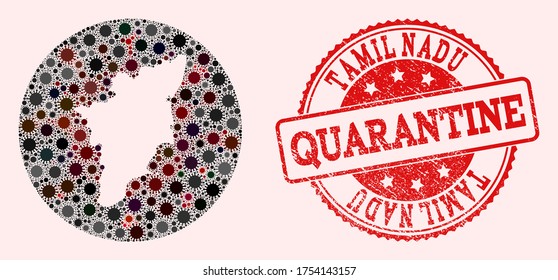 Vector Map Of Tamil Nadu State Collage Of Coronavirus And Red Grunge Quarantine Seal Stamp. Infection Cells Attack The Quarantine Territory From External Zone.