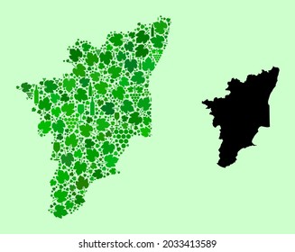 Vector Map of Tamil Nadu State. Collage of green grape leaves, wine bottles. Map of Tamil Nadu State collage created from bottles, berries, green leaves.
