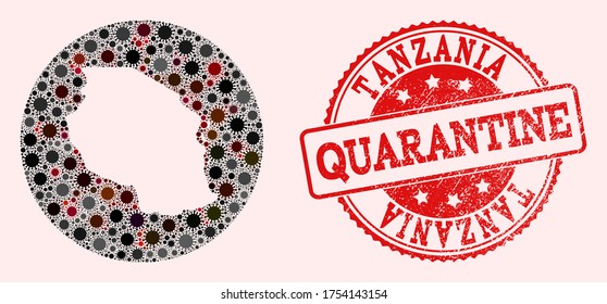 Vector map of Tanzania collage of covid-2019 virus and red grunge quarantine stamp. Infection cells around the quarantine territory from outside.