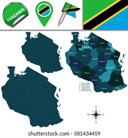 Vector map of Tanzania with named regions and travel icons