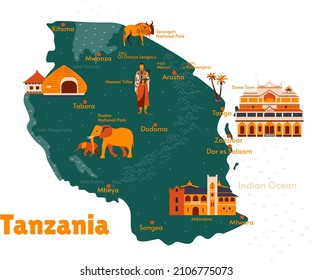 Vektorplan von Tansania. Seht. Historische Orte. Tourismus. Städte. Leitfaden. Dodoma. Afrika. Maasai-Stamm. Nationalparks in Afrika. Afrikanische Tiere. Kilimanjaro. Stone City. Sansibar.