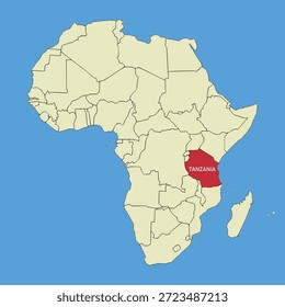 Mapa vetorial da Tanzânia, ilustração silhueta de mapa vetorial isolado no mapa da África. Estado do continente africano