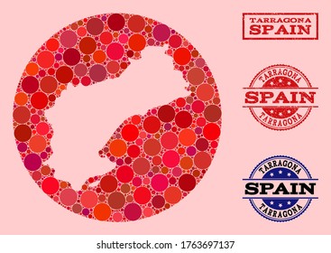 Vector map of Tarragona Province collage of round dots and red watermark seal. Subtraction round map of Tarragona Province collage created with circles in various sizes, and red color tones.