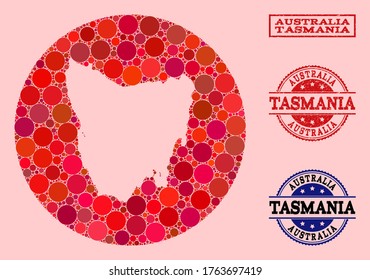 Vektorkarte des Mosaiks der Tasmania Island mit Kreissteinen und rotem Grunge-Siegel. Hole Kreis Karte der Tasmania Island Collage mit Kreise in variabler Größe und roten Farbtöne.