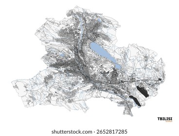 Mapa vetorial de Tbilisi, Geórgia. Mostra rodovias, o rio Kura e variadas áreas urbanas. Destaca o seu terreno montanhoso único e a paisagem histórica da cidade como uma capital da Eurásia.