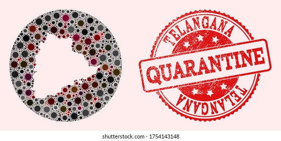 Vector map of Telangana State collage of covid-2019 virus and red grunge quarantine stamp. Infection cells around the quarantine territory from external zone.