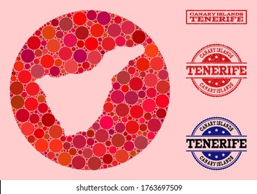 Vector map of Tenerife Island mosaic of circle dots and red scratched seal stamp. Subtraction round map of Tenerife Island collage created with circles in variable sizes, and red color tinges.