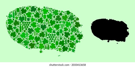 Vektorkarte von Terceira Island. Mosaik aus grünen Weintrauben, Weinflaschen. Karte des Mosaiks der Insel Terceira aus Flaschen, Weintrauben, grünen Blättern. Abstraktes Mosaik für patriotische Werbung.